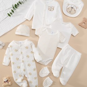 Resim Erkek ve Kız Çocukları için İlkbahar/Yaz Rahat Yumuşak Karikatür Mutlu Ayı Baş Baskılı Tulum & Şapka & Önlükler & Çoraplar & Pantolon & Ceket & Üst & Üçgen Sütyen Takımı, Dış Mekan İçin Mükemmel - 8 Parça Set 