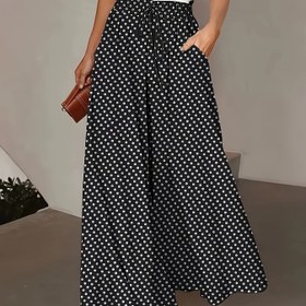 Resim Nokta Desenli Geniş Paça Pantolon, Rahat Bağcıklı Lastikli Bel Bol Pantolon, Kadın Giyim 