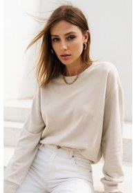Resim Kadın Bej Pamuklu İnterlock Oversize Sweatshirt Bej 
