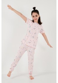 Resim Lela % 100 Pamuk Bisiklet Yaka Kısa Kollu Kız Çocuk Pijama Takımı 6651002 Pembe-Beyaz 