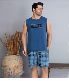 Resim Pijamoni Erkek Bisiklet Yaka Kolsuz Şortlu Pijama Takımı 6185/10 - 1 Adet Mavi 