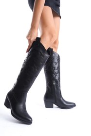 Resim Bak Store Siyah Cilt Deri Yıldız Nakışlı Kovboy Fermuarlı Western Kadın Çizme 