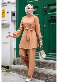 Resim Misskayle Dikiş Detaylı Tesettür Camel Takım Camel 