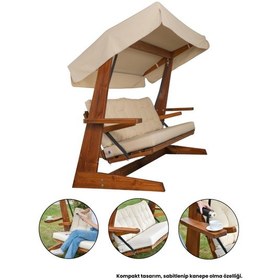 Resim Viva 2400 4 Kişilik Ahşap Bahçe Salıncağı, Balkon ve Teras Salıncağı, Kanepe Özellikli/Krem 