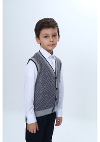 Resim Toontoy Kids Toontoy Erkek Çocuk V Yaka Düğmeli Triko Yelek - Diagonal Desenli Antrasit 