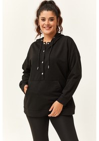 Resim Kadın Büyük Beden Kanguru Cepli Basic Siyah Sweatshirt Siyah 