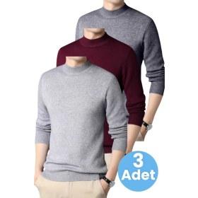 Resim Tezzgelsin 3'lü Erkek Tüylenmeyen Yarım Boğazlı Triko Kazak Yarım Balıkçı Triko Kazak Gri - Bordo - Füme 