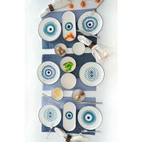 Resim Braventa Collection Kevin Seramik Hand Made 14 Parça 6 Kişilik Nazar Boncuklu Kahvaltı Takımı 