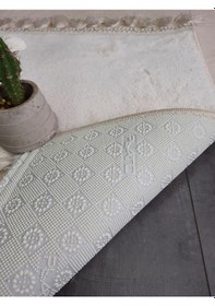 Resim Elite Krem Ponpon Saçaklı Peluş 2'li Banyo Paspası Halısı Kaymaz Taban Klozet Takımı Püsküllü Krem 