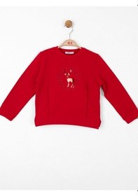Resim Kız Çocuk Parlak Geyik Baskılı Sweatshirt-13487 Kırmızı 