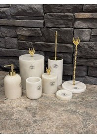 Resim Beyaz Mermer Gold Zeytin Dalı Aksesuarlı 7'li Banyo Seti Beyaz 