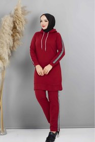 Resim CNG MODA Kadın Kapüşonlu Kol Şeritli Eşofman Takımı 