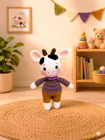 Resim MİNOHOUSE Amigurumi Kahverengi Pantolonlu Şirin İnek Organik Oyuncak 