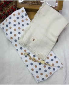 Resim Müslin Battaniye Ve Pamuk Battaniye + Emzik Askısı Hediyeli Kutulu Ekru&yuvarlak Desen 