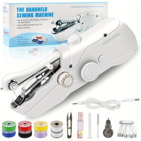 Resim Çift Güç (USB-C ve AA Pil) ile El Tipi Kompakt Dikiş Makinesi | Otomatik Besleme ile Taşınabilir Mini Elektrikli Cihaz - Başlangıç Seviyesi/Yetişkinler, Giyim Onarımı ve Seyahat Kullanımı için Tüm İçerik Dahil DIY Kiti, İplik, Makas, Cetvel, Bağcıklar, Thimble ve Daha Fazlası 