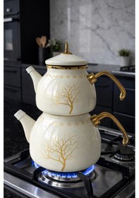 Resim Emaye Çaydanlık Takımı 2,3 L Suluk + 1,1 L Demlik Gold Detaylı Altın - Krem 