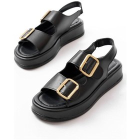 Resim 1187 Siyah Dolgu Topuk Lastik Baretli Kadın Sandalet Altın - Taba 