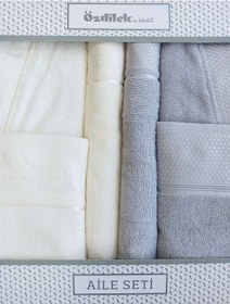 Resim Ditsy Aile Bornoz Seti- Krem Gri Renklı 