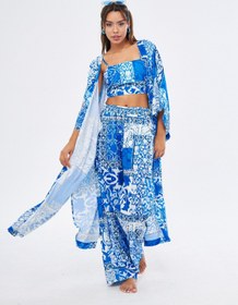 Resim Kimono 3 Parça Büstiyerli Mavi Desenli Alt-Üst Takım (Medine İpeği) - MAVİ DESENLİ / M 