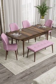 Resim Canisa Rio Serisi 80x132 Açılabilir Mdf Mutfak Masası Takımı Barok Desen Masa 4 Pembe Sandalye 1 Bench 