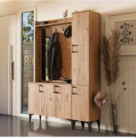 Resim Set 5100-5102 Inca Sol Aynalı 5 Kapaklı 4 Askılı Raflı Portmanto Atlantik Çam Çam 