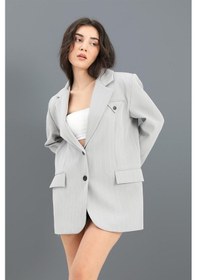 Resim Blazer Ceket Çizgili Atlas Kumaş - Gri-gri Gri 
