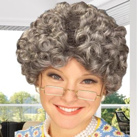 Resim Kuzgun Ticaret Gri Renk Kıvırcık Yaşlı Peruk Büyükanne Peruğu Astarlı Bonus 