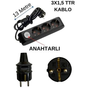 Resim Avarson 3'lü Üçlü Priz Topraklı Anahtarlı Kablolu Siyah 3x1,5 Ttr 13 On Üç Metre 