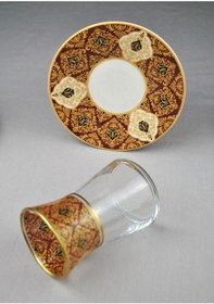 Resim 12 Parça 6 Kişilik Lüx Cam Çay Seti Gold Detaylı Altın Renk İşlemeli Lüks Çay Takımı Turuncu 