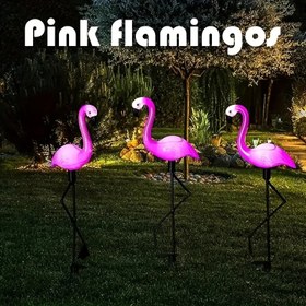 Resim Üç Güneş Flamingo LED Takma Işıkları, IP45, Nikel Pil Güneş Hücre, Dış Dekorasyon, Bahçe, Çim, Bölüm için Uygun 
