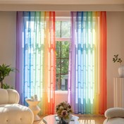 Resim 1 adet Modern Polyester %100 Yarı Şeffaf Gökkuşağı Gradyan Çizgili Pencere Perdesi, Çubuk Cebi, Dikişsiz, Yıkanabilir, Elde Yıkanabilir, Oturma Odası için Göz Deliği ile 