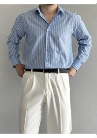 Resim Old Money Rahat Kalıp Çizgili Gömlek Mavi 