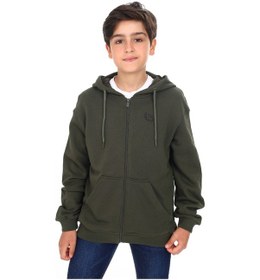 Resim Toontoy Kids Toontoy Erkek Çocuk Kapüşonlu Fermuarlı Cepli Düşük Omuz Baskılı Örme Hırka - 3 İplik Şardonsuz Haki 