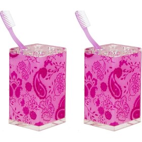 Resim 2 Adet Diş Fırçalık Pembe Çiçekli Akrilik 6x6x12cm Banyo Seti Çok Renkli 