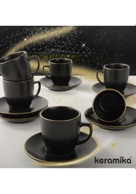 Resim Keramika Türk Kahve Fincan Takımı 12 Parça Mat Siyah El Dekor 