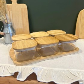 Resim Sade Hediye 6'lı Bambu Tepsili Kare Cam Kahvaltılık Seti 