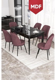 Resim Canisa Concept Kor Serisi, MDF 70x114 Açılabilir Yemek Masası Takımı, Siyah Mermer Desen Masa Ve 6 Gülkurusu Sandalye 