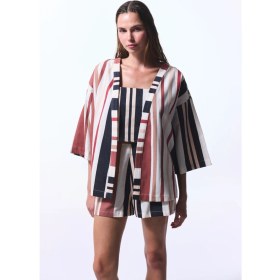 Resim Shay Striped Etnik Desen V Yaka Oversize Kimono 