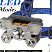 Resim 5LED Şarj Edilebilir Far El Feneri - Kampçılık, Balıkçılık, Koşu, Seyahat ve Açık Hava Etkinlikleri için Ultra Parlak, Taşınabilir, Ayarlanabilir Işın Açısı - USB Güçlü, Uzun Ömürlü Pil Ömrü 