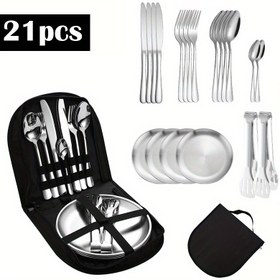 Resim 21 Parça Paslanmaz Çelik Kamp Yemek Takımı - Taşınabilir ve Dayanıklı Açık Hava Piknik Malzemeleri Tabaklar, Çatallar ve Kaşıklar ile Yürüyüş, Sırt Çantası ve Kamp Maceraları için - Seyahat ve Açık Hava Yemekleri için Mükemmel 