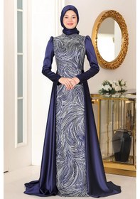 Resim Raika Moda Taş Baskı Tasarım Saten Miray Abiye Lacivert 