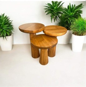 Resim Simillo Wood Wooden Ahşap 3 Lü Set Fitilli Mantar Yan Sehpa Modern Tik Ağacı Renk Fiskos Kahverengi 
