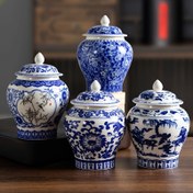 Resim 1 adet Vintage Mavi ve Beyaz Seramik Dekoratif Kavanoz Çevrilebilir Kapaklı - Oval Şekilli Cazibe Depolama, Çay Kavanozu, Kuru Çiçek Vazo Ev, Ofis ve Çay Masası Dekorasyonu 