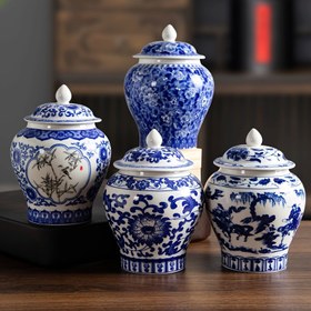 Resim 1 adet Vintage Mavi ve Beyaz Seramik Dekoratif Kavanoz Çevrilebilir Kapaklı - Oval Şekilli Cazibe Depolama, Çay Kavanozu, Kuru Çiçek Vazo Ev, Ofis ve Çay Masası Dekorasyonu 
