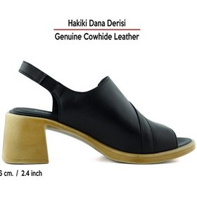 Resim Erkan Saçmacı Saules Plus Siyah Hakiki Dana Derisi Kesik Detaylı Lastik Bantlı Kalın Topuklu Sandalet 