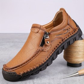 Resim BUSUOZY Erkekler için Düz Renk Rahat Loafer Ayakkabılar, Dış Mekan Aktiviteleri için Rahat Kaymaz Mikrofiber Sentetik Üst Yuvarlak Burun Fermuar Kapatma Kauçuk Taban Kumaş Taban 