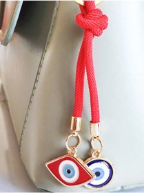 Resim İpli Kırmızı Mavi Nazar Boncuklu Metal Ve Cam Çanta Süsü Çok Renkli 