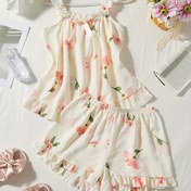 Resim Şık Çiçek Desenli Pijama Takımı, Polyester Elastik Karışımı, Yuvarlak Yaka, Düğmeli, 150g/m², Bahar/Yaz/Sonbahar, Kadın Giyim 