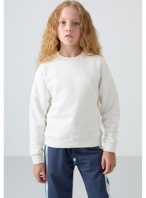 Resim Tommy Life Ekru Pamuklu İçi Tüylü Yumuşak Dokulu Oversize Nakışlı Kız Çocuk Sweatshirt - 75150 Ekru 