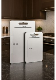 Resim 2 Li Çelik Kesme Tahtası Seti 33x22 Cm & 29x19 Cm Paslanmaz Hijyenik Mutfak Doğrama Panosu Gri 